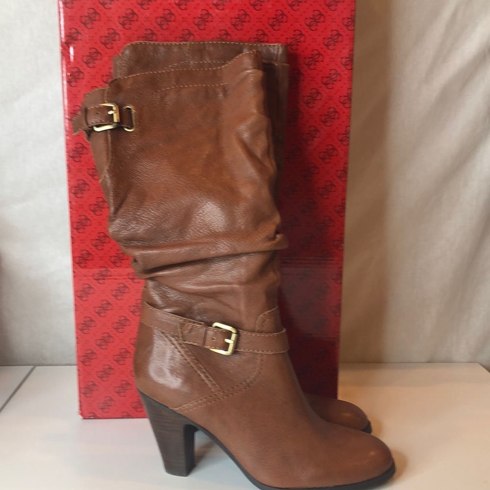 GUESS Rich Brown Slouchy Heeled Boots with Buckle Details Women’s 7.5M Unworn